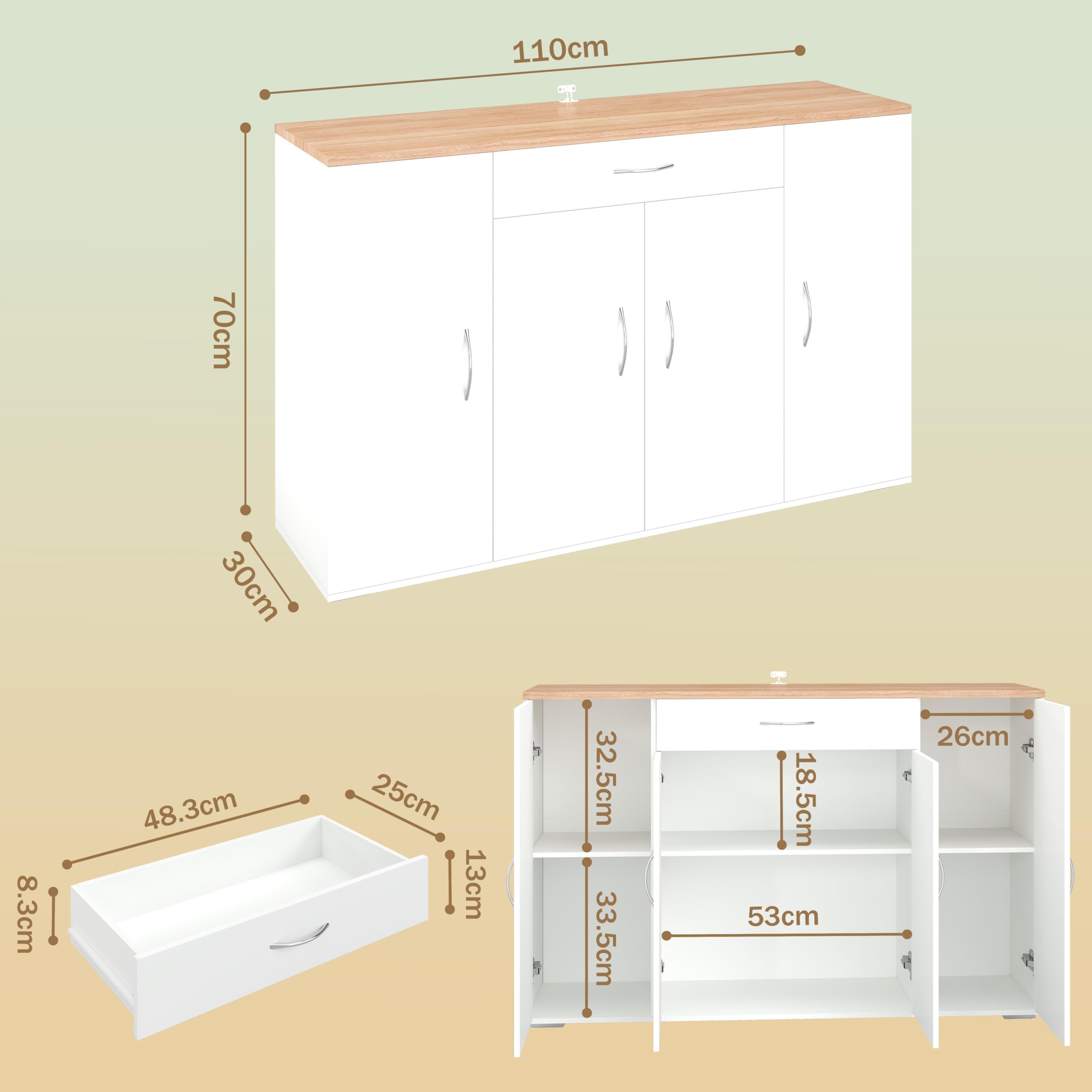 Credenza Cucina Bianca con Piano di Lavoro 110 x 30 x 70 cm Mobile Cucina Salvaspazio con Cassetto e 4 Ante Dispensa Cucina Madia Soggiorno Sala da Pranzo Moderna