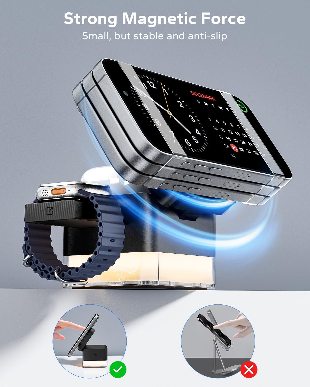 KPON for iPhone Nightstand Charging Station,15W 3 in 1 Wireless Phone Charger Stand with Night Lamp, Travel Foldable Magnetic Cube Magsafe Dock for iPhone 17 16 15 14 13 12 Series/Apple Watch/Airpods