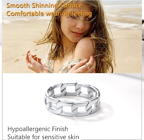 Miniatura 5 de PROSILVER Anillos de plata de ley 925, anillo de boda de 0.496 pulgadas (0.396 pulgadas), anillos triples delicados, anillo de eslabones cubanos,