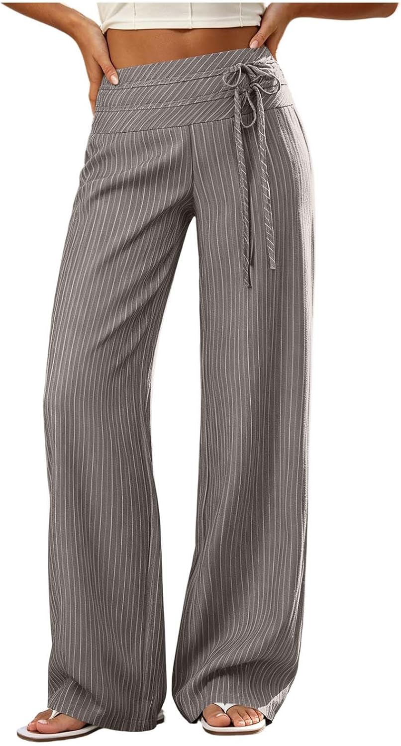 Womens Pinstripe Straight Wide Leg Pants Asymmetric Wide Waistband Trousers Drawstring Flat Front Casual Slacks