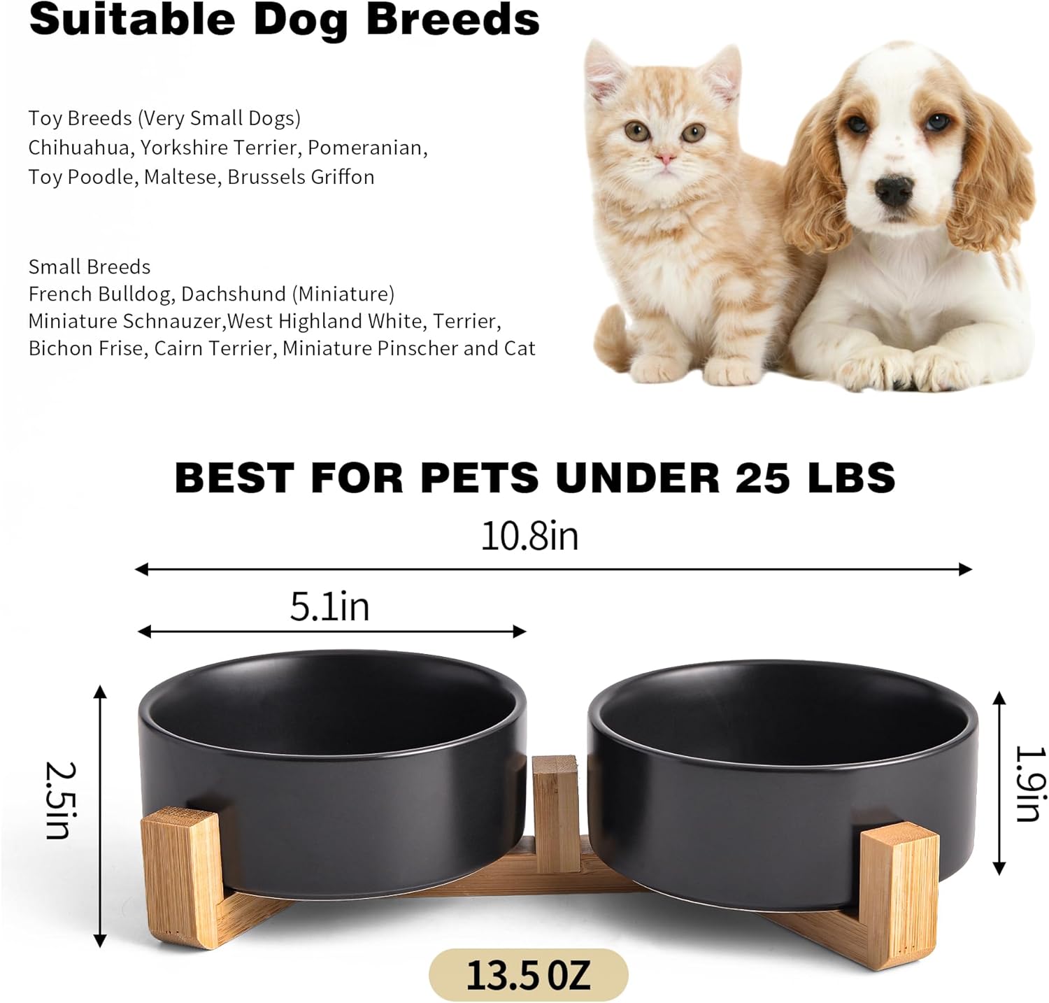 Black Ceramic Dog & Cat Bowl Set – 13.5 OZ with Wooden Stand, Non-Slip, Elevated Design for Small Dogs & Cats – 2 Bowls (Food & Water, Ceramic Pet Bowls, Modern Dog Bowls) - Image 2