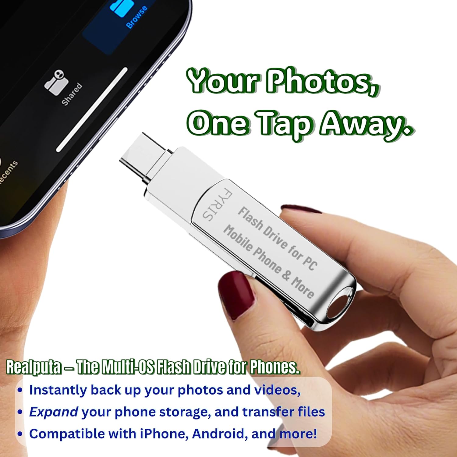 Flash Drive for iPhone128GB – Plug & Play 3 in 1 USB, USB-C & Lightning Backup Drive – External Storage for Photos & Files on iPad, Android, Tablet, PC, Mac (Thorns) – FYRIS