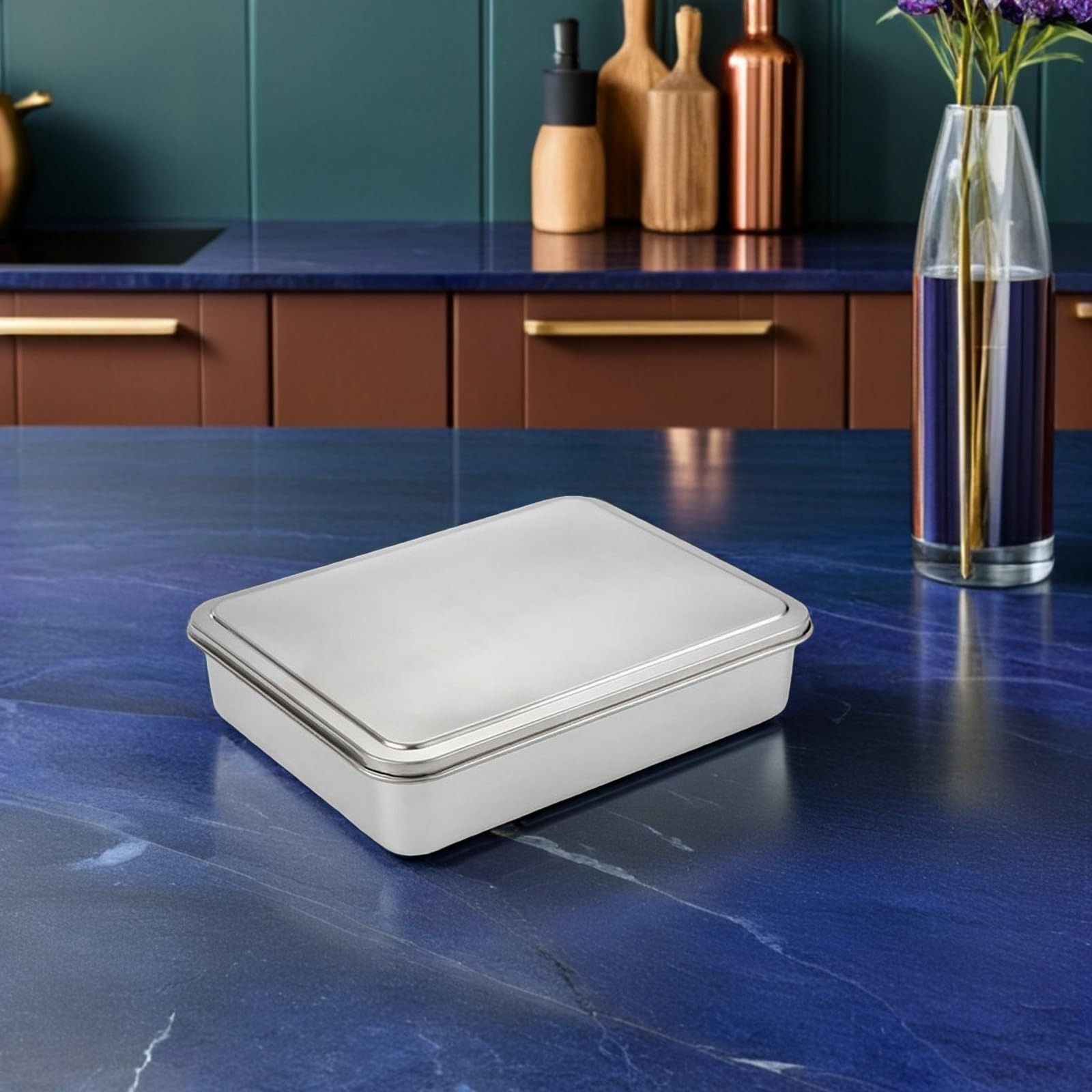 BESPORTBLE Teglia Rettangolare in Acciaio Inox Antiaderente con Coperchio, Grande Capacità per Conservare Cioccolato e Preparare Tiramisù