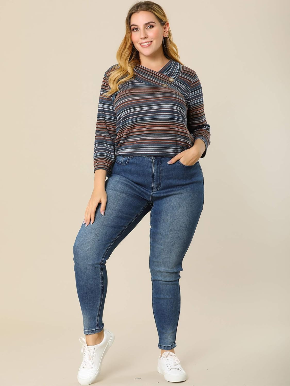 Agnes Orinda Plus Size Tops for Women 3/4 Sleeve Knit Striped Dressy Casual Blouse Asymmetric Neck Fashion t Shirt