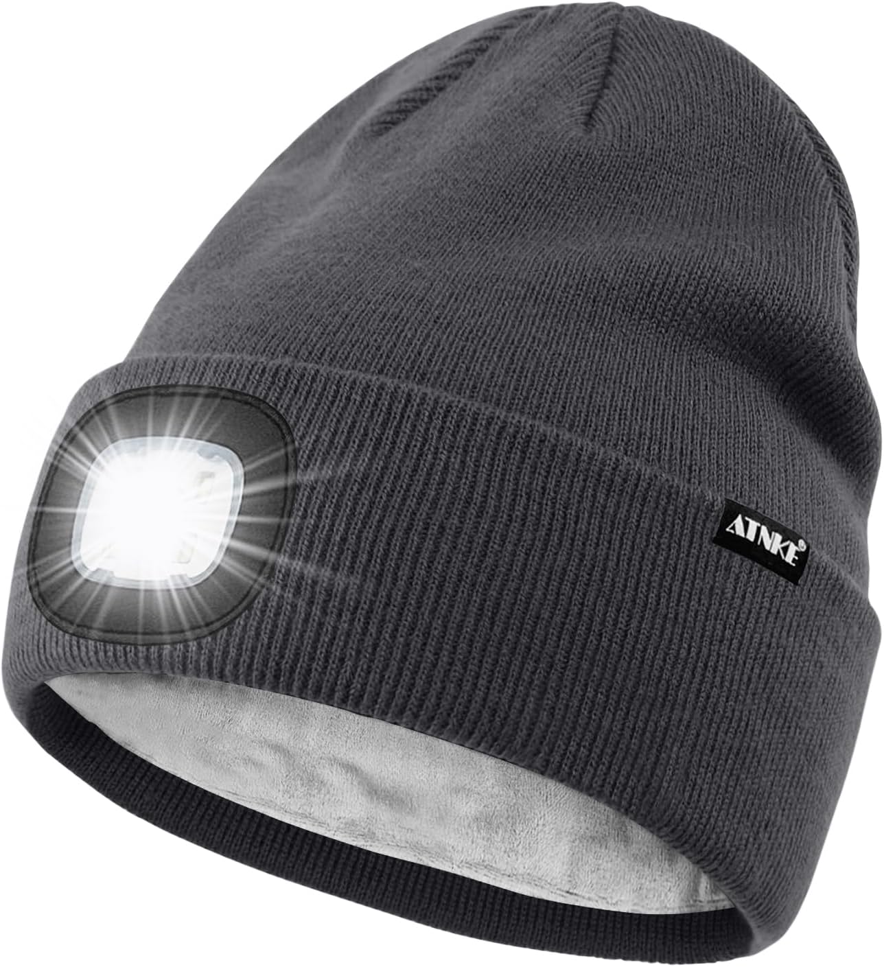ATNKE LED Lighted Beanie Hat,USB Rechargeable 4 LED Running Headlamp Lined Fleece Cap with Light Gift for Men and Women