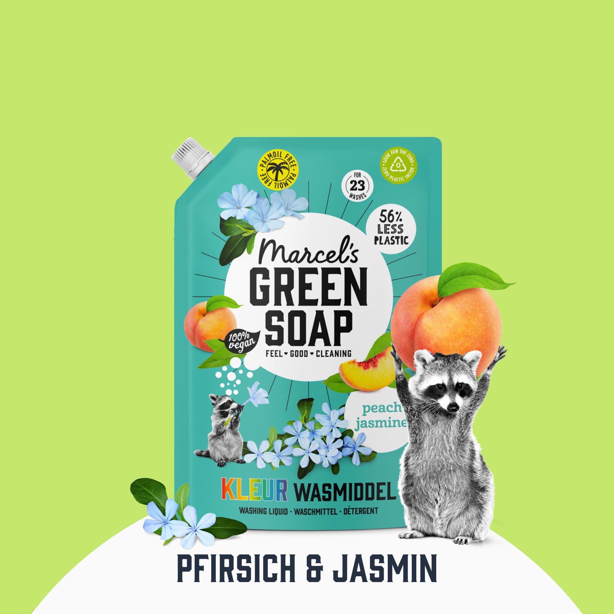 Marcel's Green Soap Farbwaschmittel Nachfüllpack Pfirsich & Jasmin – Nachfüllbeutel – Farbige Wäsche - Vegan - Mikroplastikfreie Formel - 92 Waschgänge - 1L (4er Pack)