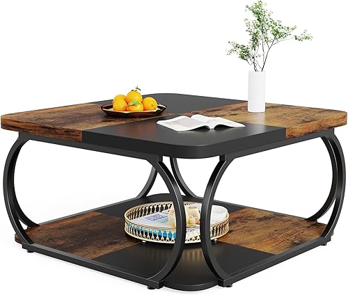 LITTLE TREE Mesa auxiliar de 40 pulgadas con estante de almacenamiento, mesa de centro cuadrada baja de 2 niveles con mesa de madera de granja,