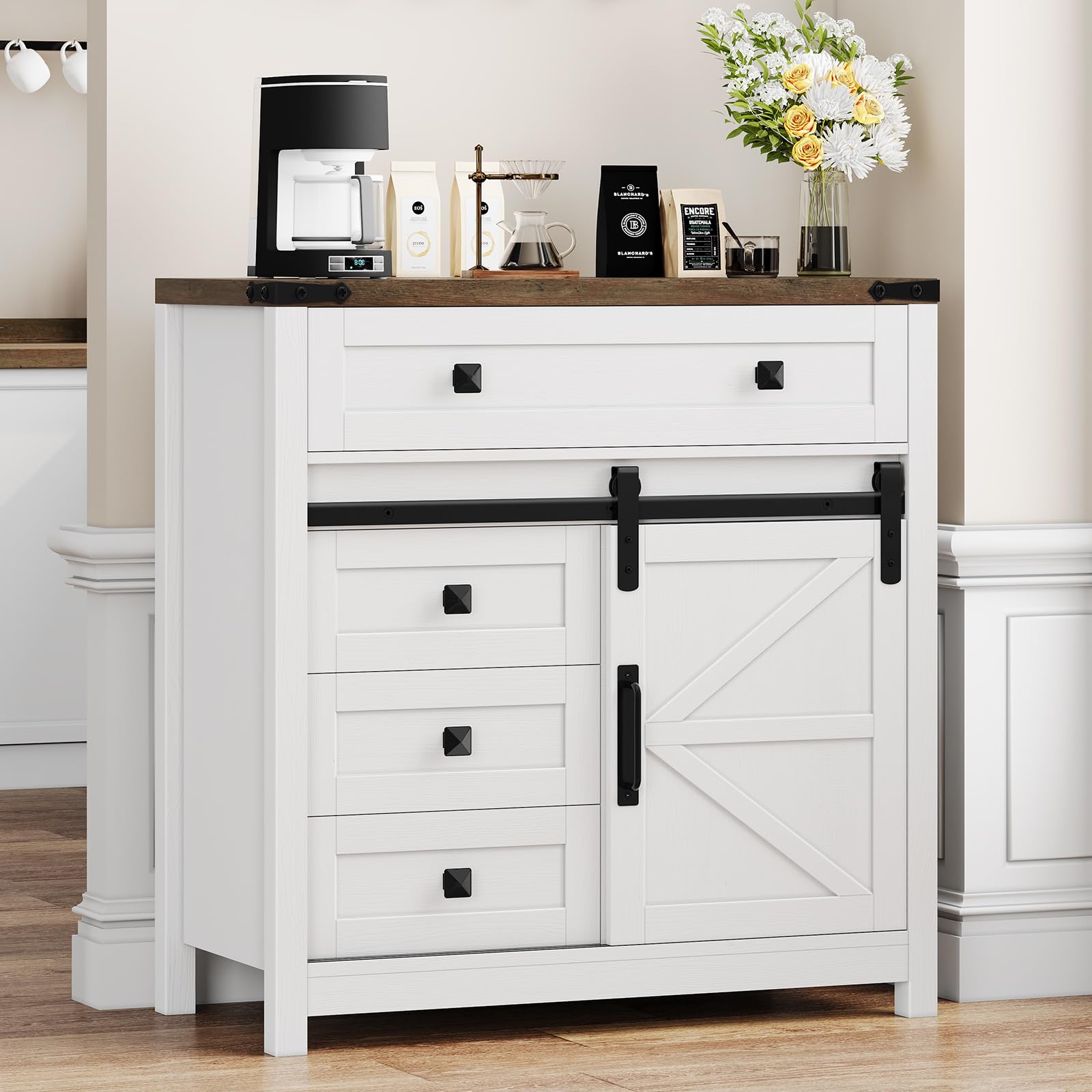 Vabches Farmhouse Storage Cabinet with Sliding Barn Door and 4 Drawers, Bathroom Floor Cabinet, Coffee Bar Cabinets, White Buffet Cabinets with