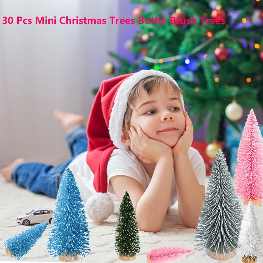 Yahpetes Artificial Mini Christmas Trees, 30 Pcs Sisal Snow Pines in 5 Sizes, Crafting Displaying Decoration, Tabletop Xmas Tree for Home, Party (Silver/White/Green)