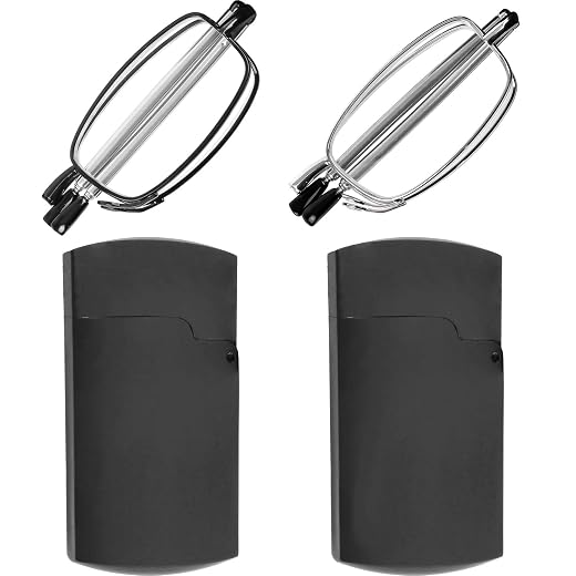 Success Eyewear Reading Glasses 2 Pair Black and Gunmetal Readers Compact Folding Unisex Glasses for Reading Case Included
