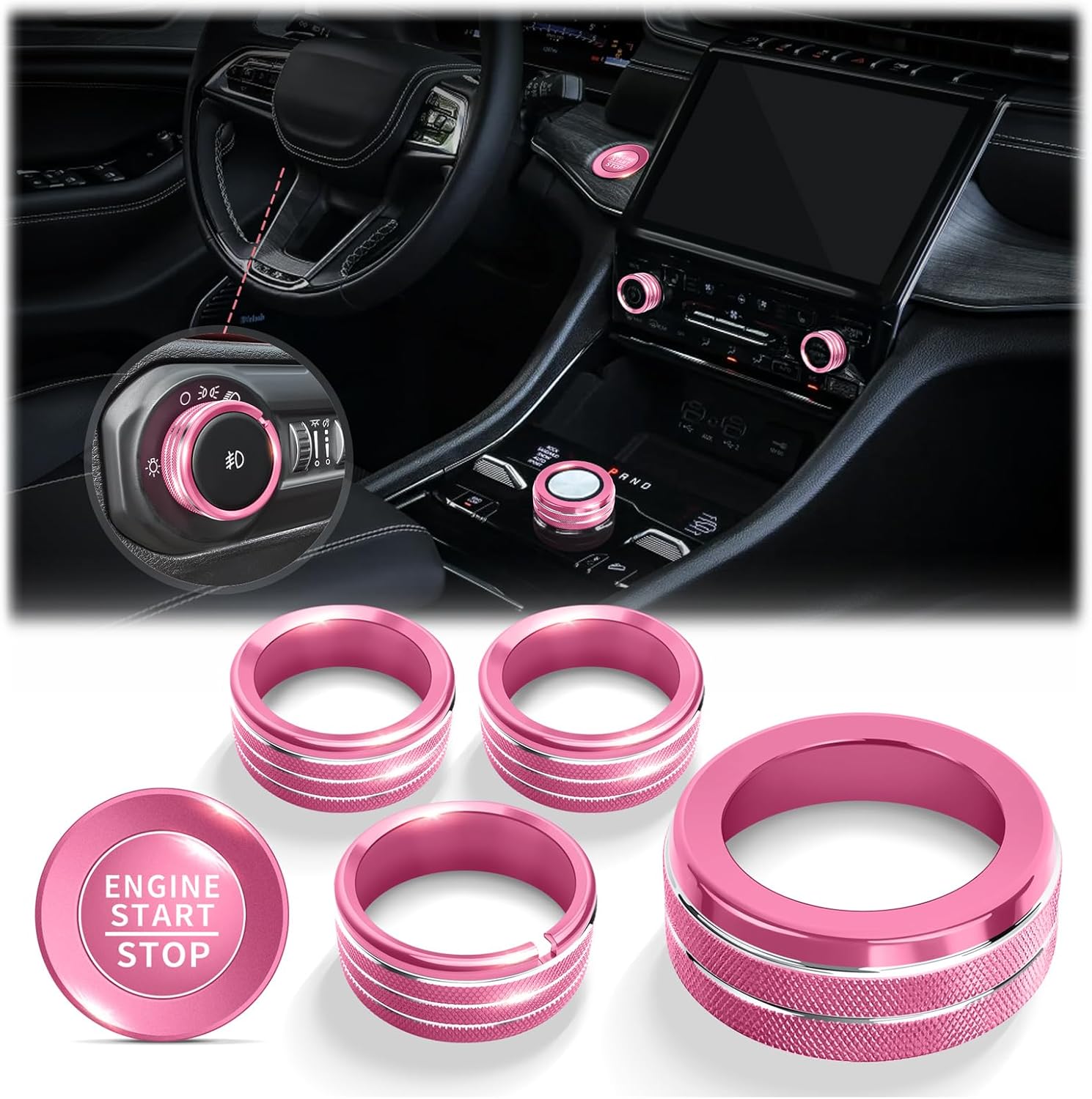 for 2022-2025 Jeep Grand Cherokee/Grand Cherokee 4xe/ Grand Cherokee L Accessories — 6-Piece Aluminum Knob Cover Trim Set (Pink) for Push Start Button, AC, Headlight & Gear Shift Switches