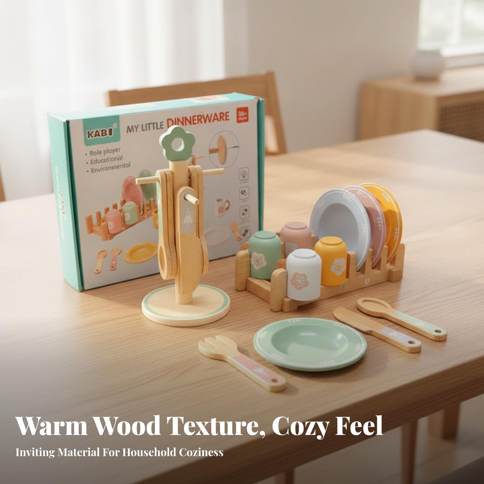 Set Cucina Giocattolo Bambini in Legno Servizio Piatti Bicchieri Posate con Rastrelliera E Supporto Materiale Faggio E Multistrato Adatto a Gioco Immaginazione Casa Aule Cameretta