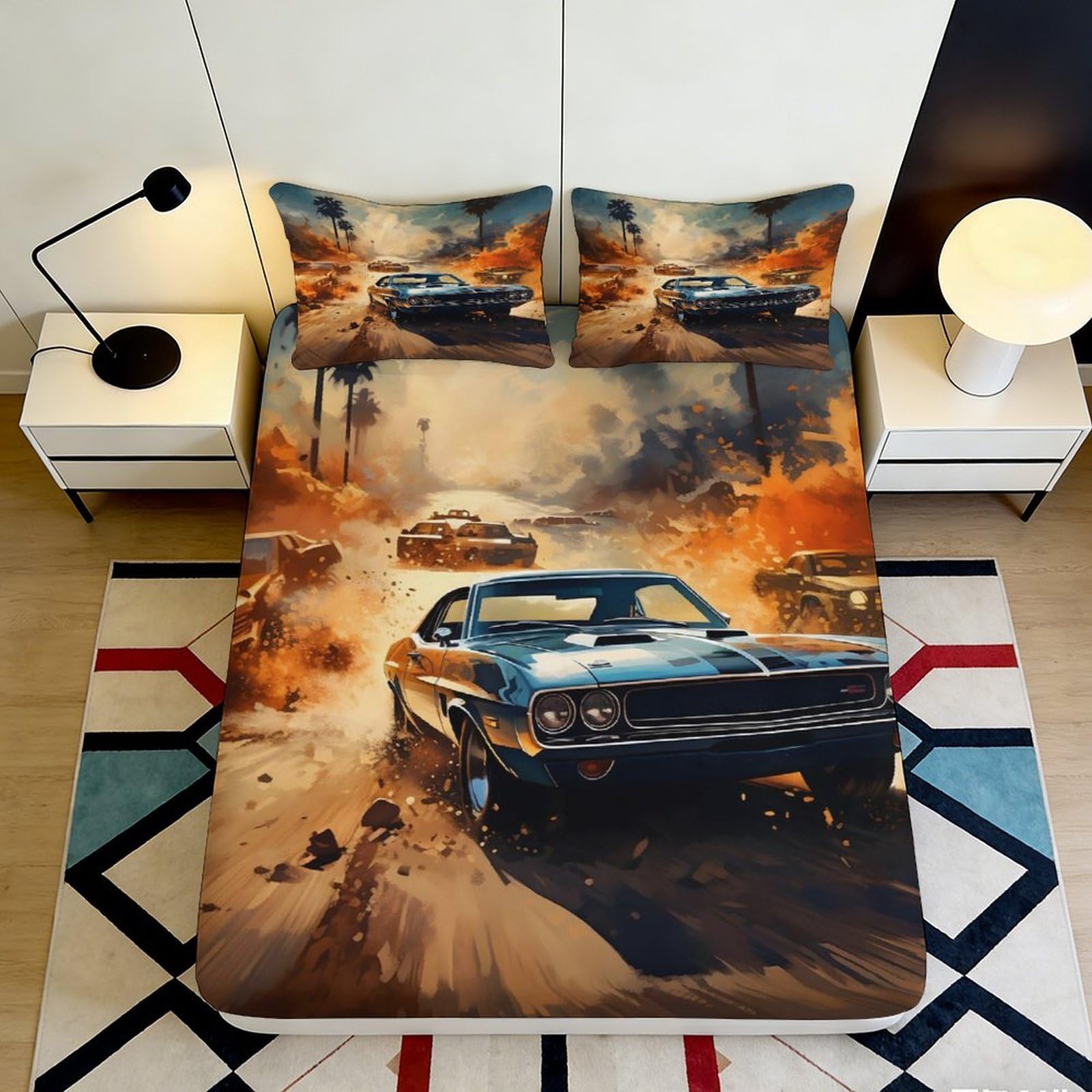 3D Printed Racing Fitted Sheet Microfiber Deep Pocket Non-Slip Racing Mattress Fitted Cover Washable Bedroom Adult 200x200x25cm