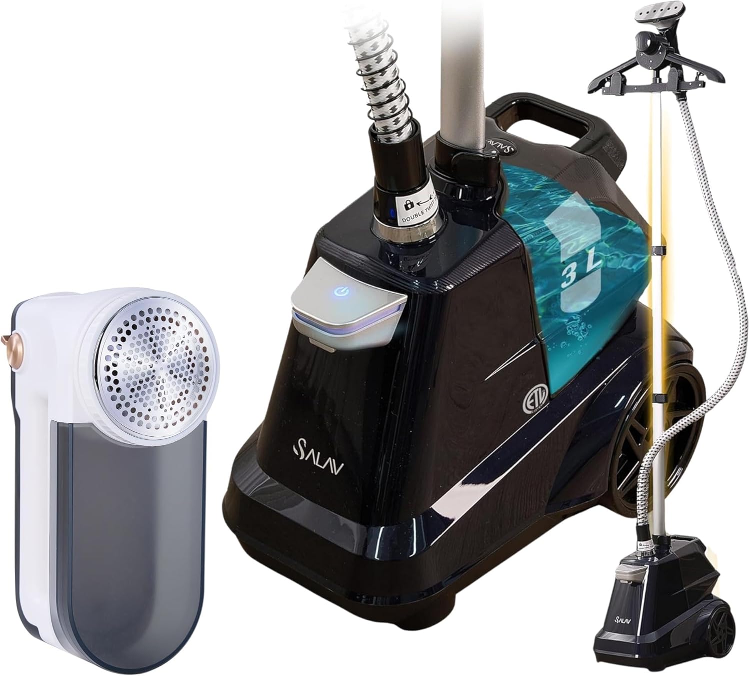 SALAV Heavy Duty Commercial Full-Size Garment Steamer with Foot Pedals and Extra Large 3L (101.5 oz) Water Tank and XL Rechargeable Fabric Shaver with Light, 6-Leaf Steel Blades, 3-Speed Motor