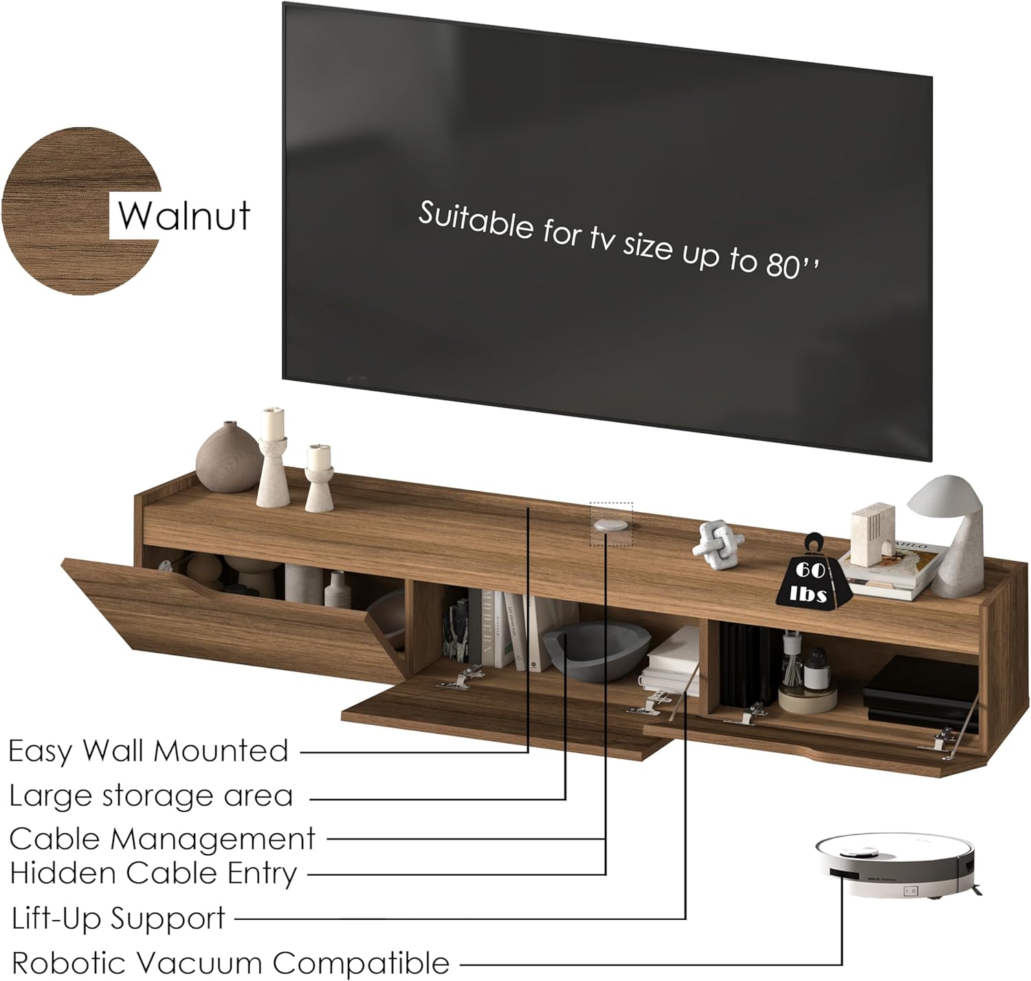 Atelier Mobili Floating TV Stand for Up to 80 Inch TVs – Wall Mounted Entertainment Center with Storage – Modern Floating Media Console with Cable Management – Walnut - Image 7