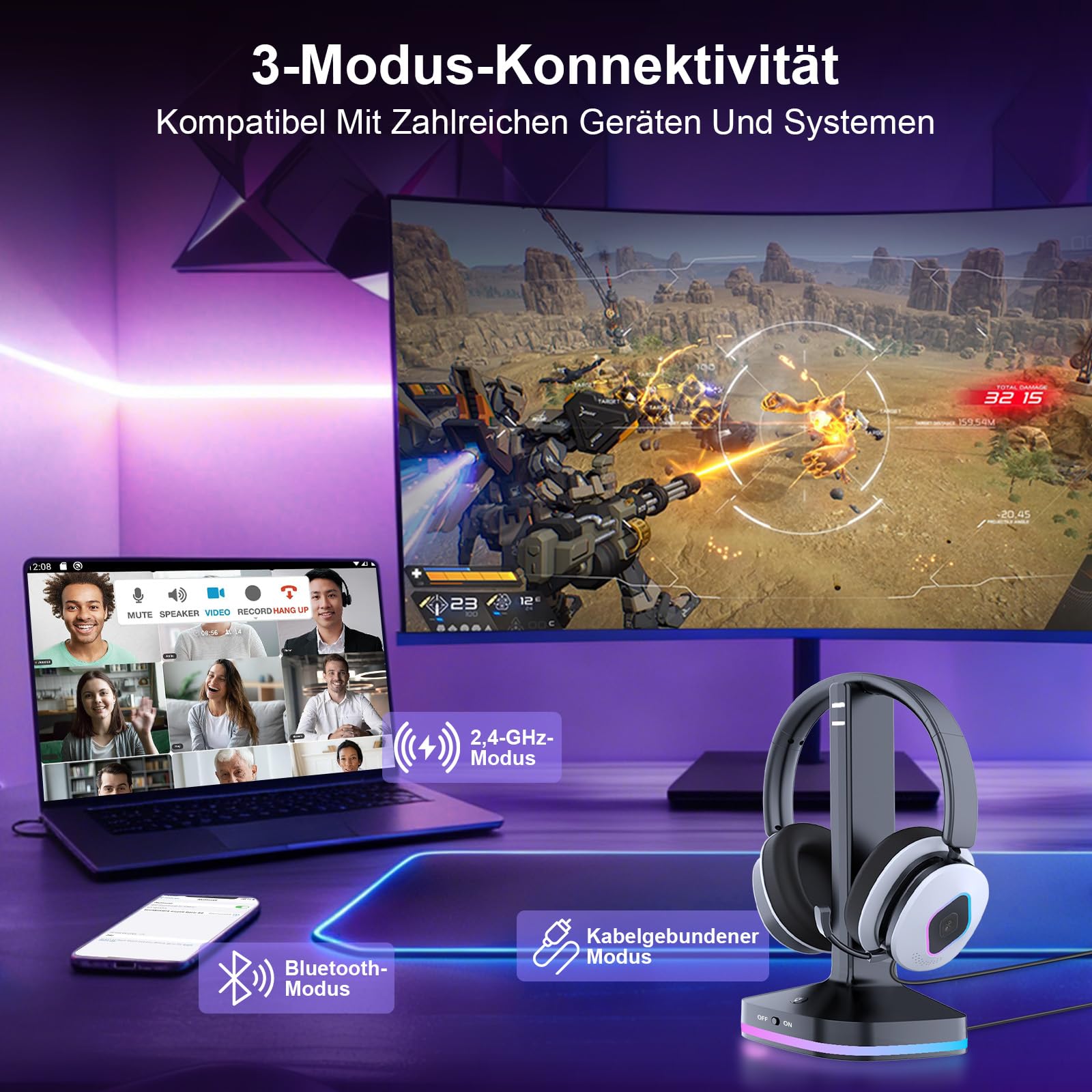Earbay 2.4GHz Wireless Gaming Headset mit Bluetooth Kopfhörer Für PS5, PS4, PC, Switch, Xbox & Laptop, 6.0 Bluetooth Gaming Headset mit Mikrofon, klappbarem Mikrofon, 40h Akku, RGB-Ladestation