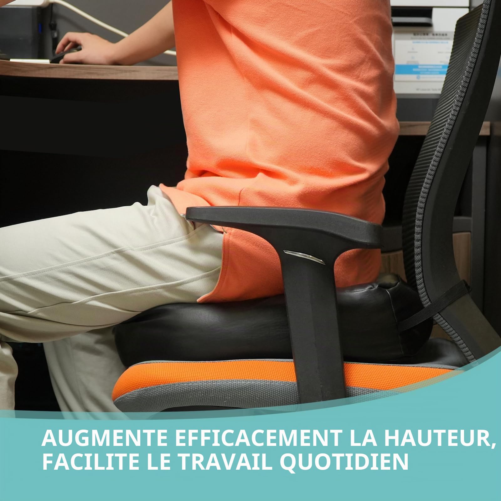 YOUFI Coussin d'assise en cuir synthétique pour chaise de bureau - Rehausseur épais - Rembourrage complet pour soutien - Avec housse en cuir respirant, poignée et boucle - Soulage les maux de dos - 45