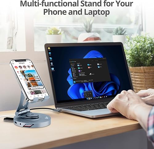 Miniatura 7 de SIIG Soporte USB-C para tablet - Estación de acoplamiento para iPad/Surface Pro 9/base giratoria/soporte plegable/4K60Hz HDMI, USB-A y USB-C 5Gbps,