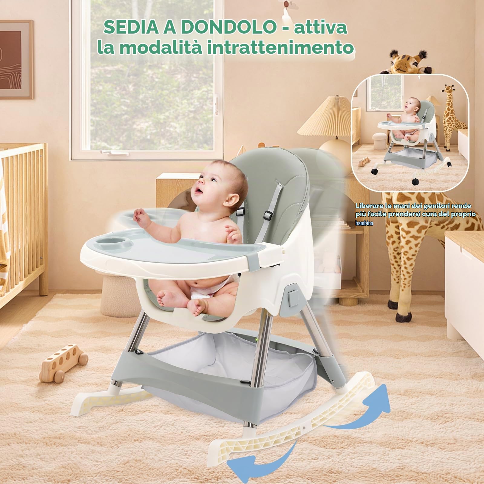 3 in1 Seggiolone Pappa, Seggiolino da Tavolo Pieghevole con tavolo e ruote Seggioline per bambini da 6 Mesi fino a 6 anni, Piatto da Cena Smontabile, Pedale e Schienale Regolabili in Altezza