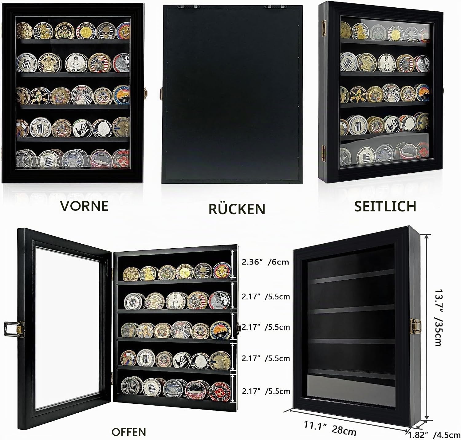 Abschließbare Militärische Münzvitrine,Herausforderung Münze Inhaber,Abnehmbare Regale Holz Militär münzbox Regal Halter Schattenbox Poker-Chip,Sportmünze Sammlerstücke Vitrine