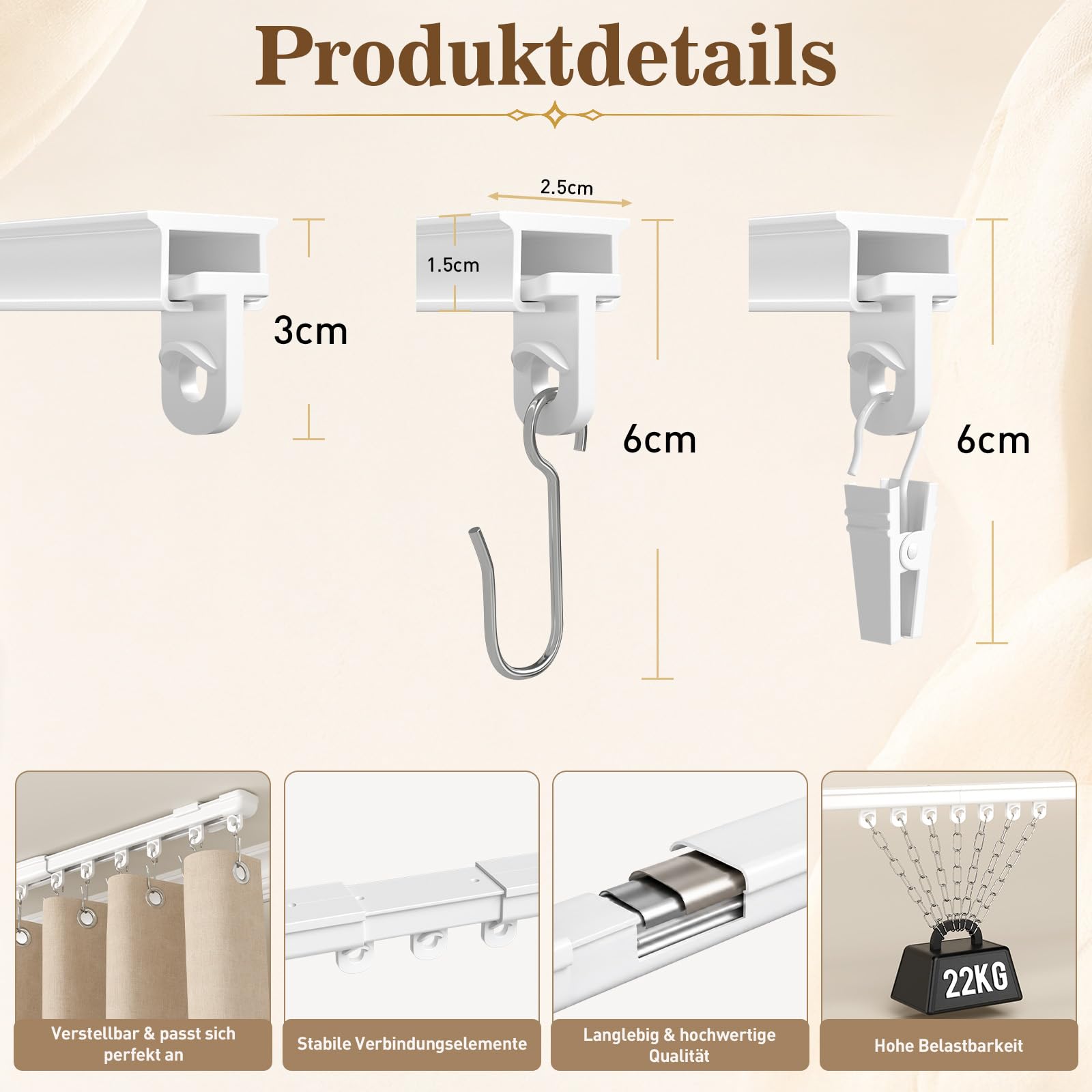 Gardinenschiene 1-läufig aus Aluminium, Teleskop 90‑275 cm Vorhangschiene weiß, Wand‑ und Deckenmontage, kein Sägen, für Wohnzimmer, Schlafzimmer, Balkon