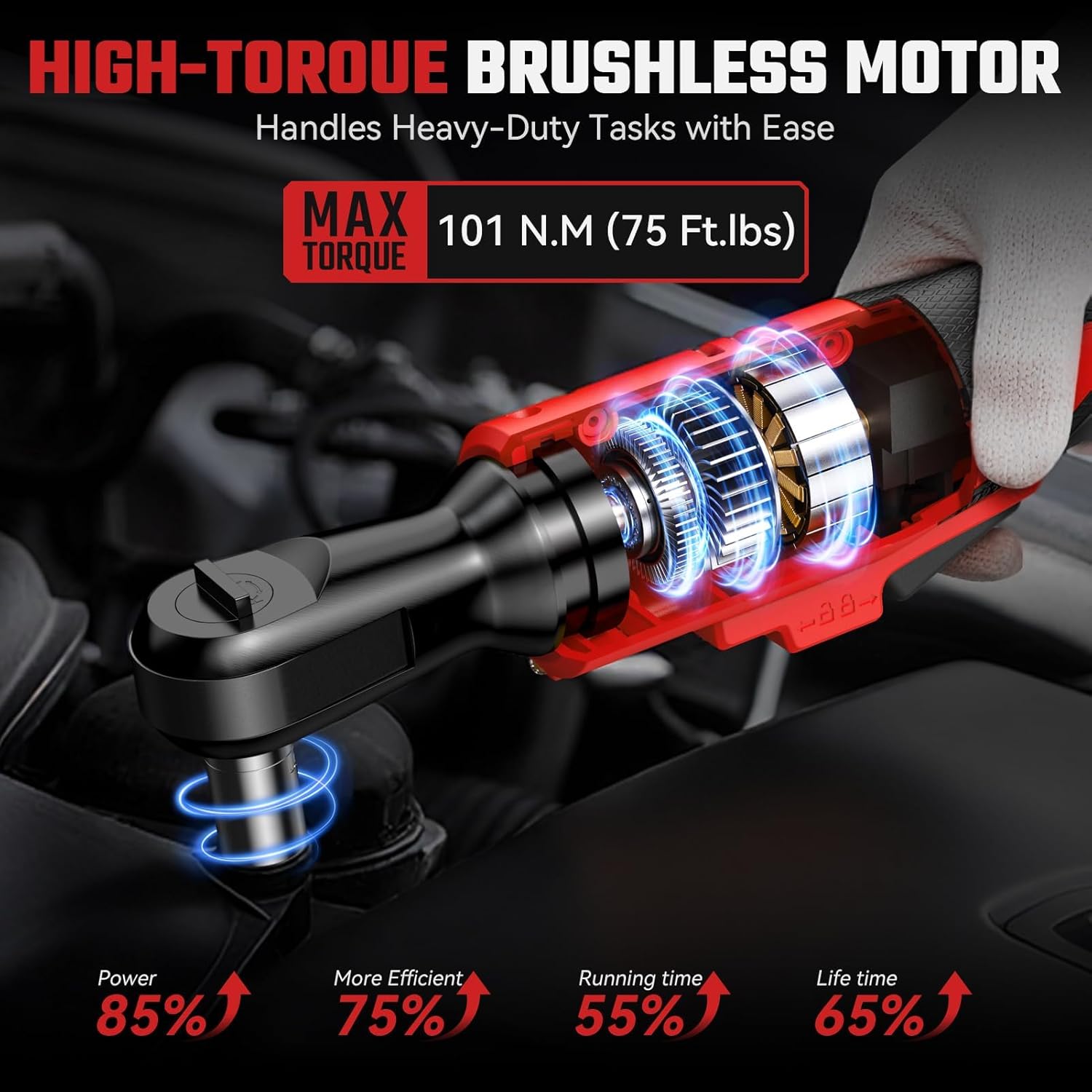 3/8" Cordless Ratchet Wrench for Milwaukee M18 18V Battery - 75Ft-Lbs Brushless Motor Electric Ratchet Set with 0-300RPM Variable Speed,8 Sockets,1/4" and 1/2" Adapters,3" Extension Bar(Tool Only)