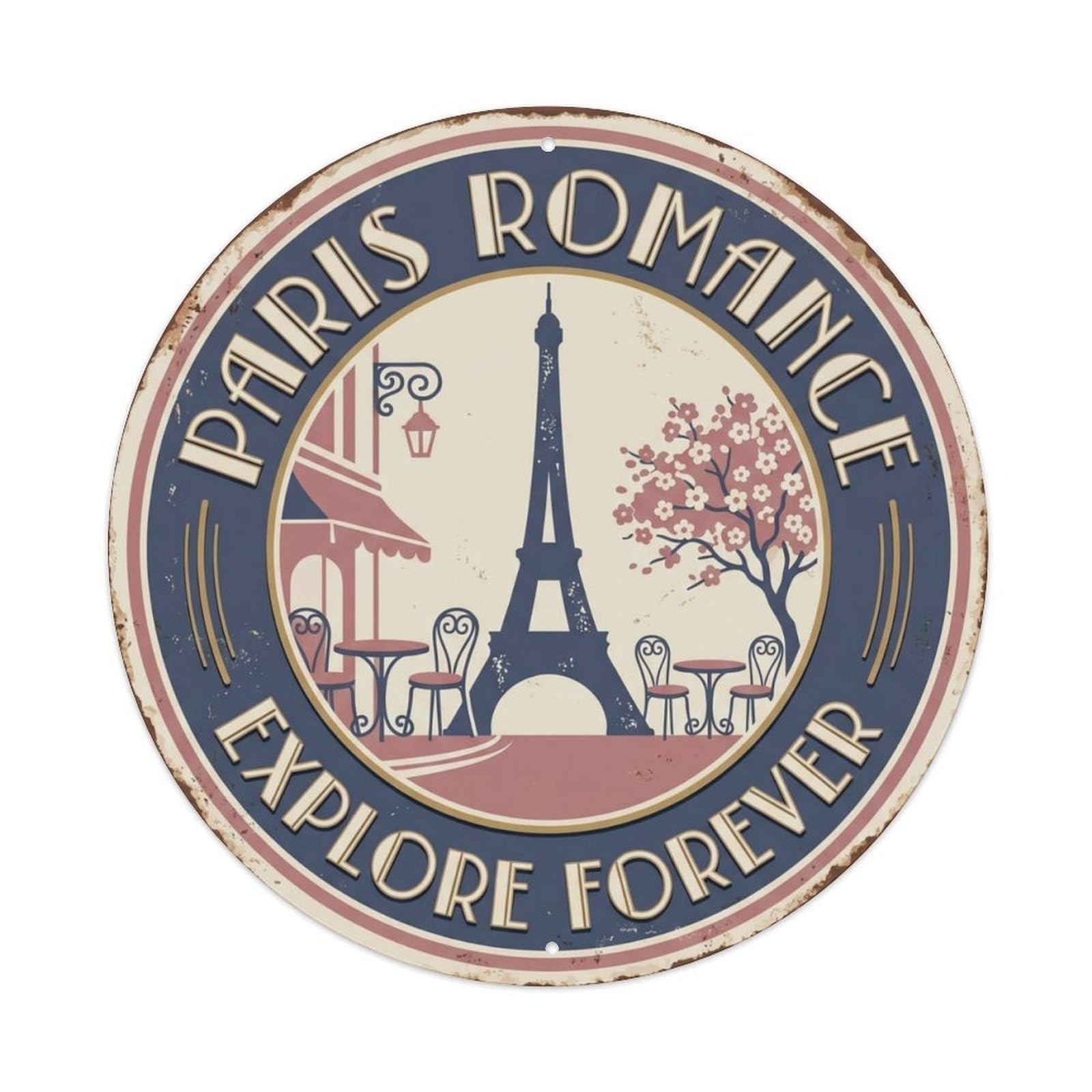 Tower Romance Explore Paris Landmark Metal Tin Sign Plaque Wall Decor for Cafe, Club Bar, Office, Home Garden Round Metal Poster 8x8Inch