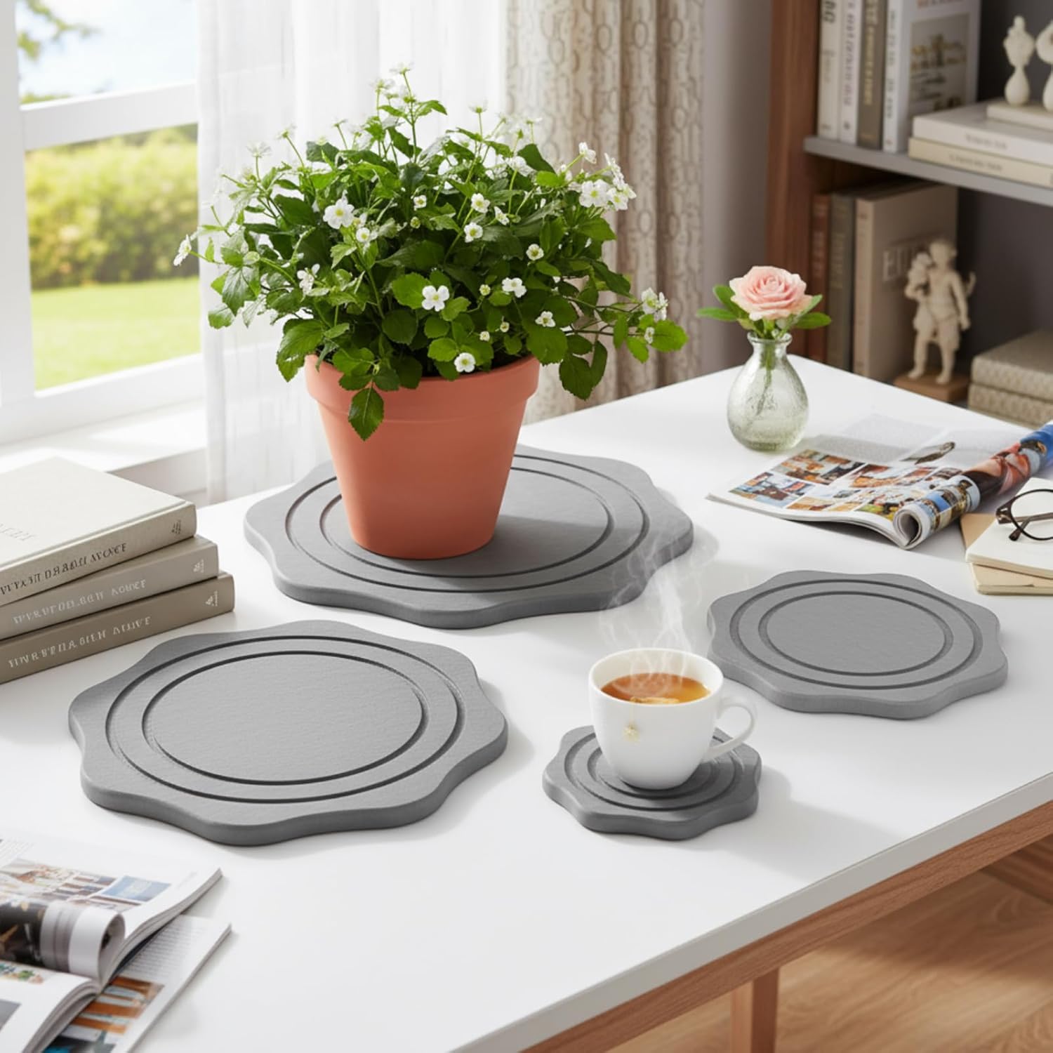 Gejoy 8 Pack Diatomaceous Earth Plant Saucers 4/6/8/10 Inch Stone Plant Tray Instant Dry Water Absorbent Diatomite Coasters for Planter Drainage Plates to Catch Water - Image 2