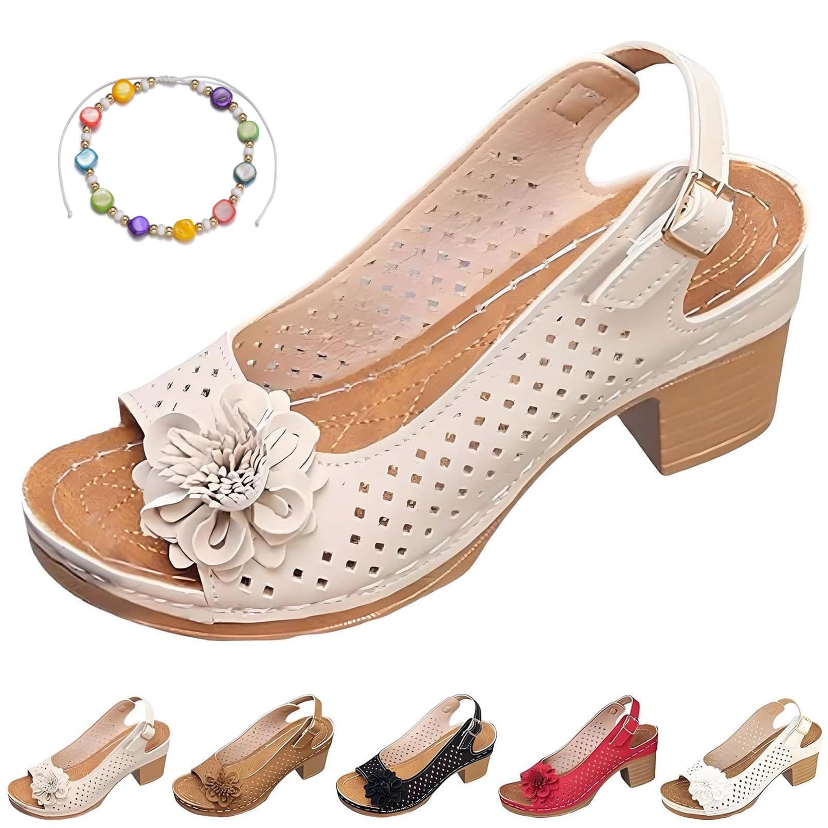 Cocadong Buckled Square Heel Sandals for Women Dressy – Mesh & Leather Summer Wedge Sandals, Low Slingback Peep Toe Chunky Heel Dress Shoes