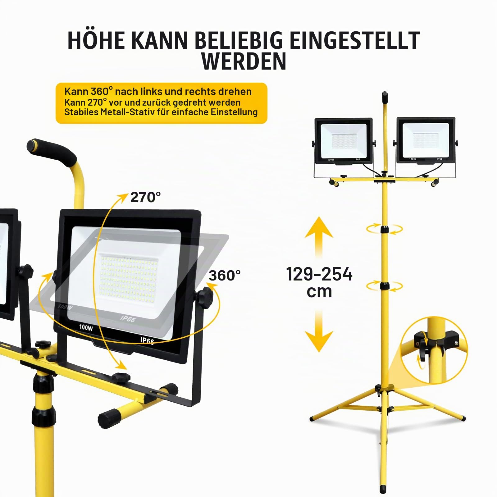 LED Baustrahler Arbeitsstrahler mit Stativ 2x100W, Willpower LED Strahler 20000lm Fluter Scheinwerfer Teleskopisch Tripod-Ständer Baulampe Wasserdicht LED Arbeitsleuchte 5M Kabel für Werkstatt