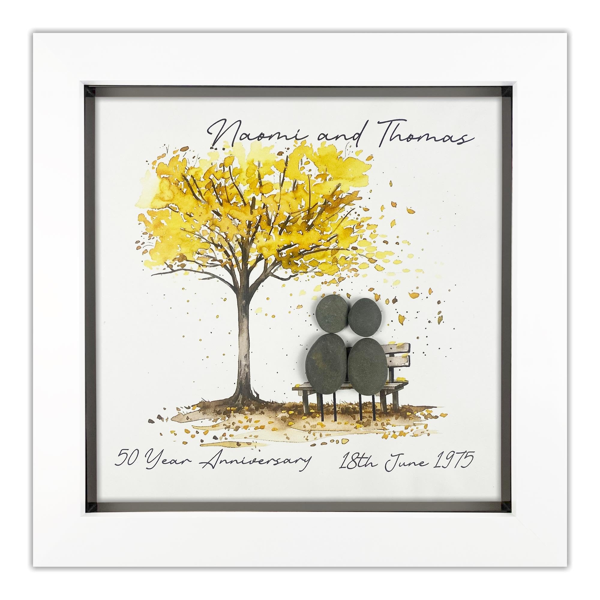Handmade Personalised 50th Wedding Anniversary Pebble Art Gift, Gold Anniversary Pebble Picture Keepsake, Mr & Mrs Gift, Present for Couples (White Frame)
