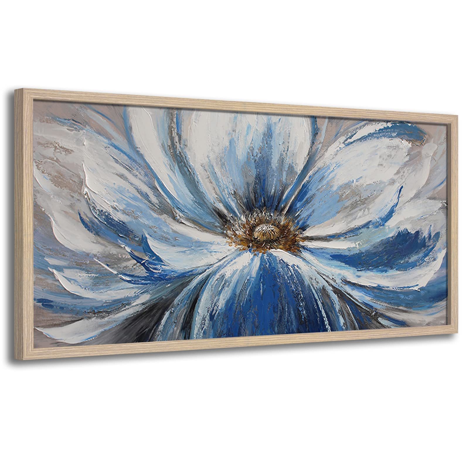 Flower Wall Art for Living Room Large White Blue Flower Pictures Wall Decor, Framed Wall Art. Wall Decor Living Room Bedroom. Size: 20x40 with Light Color Solid Wood Framed