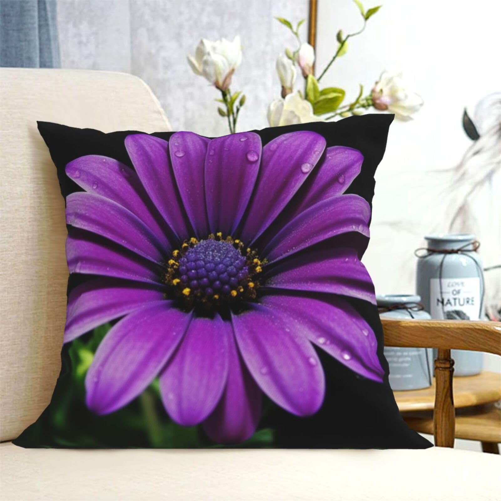 Fodpand Black Decorative Throw Pillow Covers 18"X18" Purple Daisy Cushion Cases Square Modern Farmhouse Pillow Cases Soft Cozy Cushion Covers For Couch Sofa Bedroom Home Decor Pillowcase