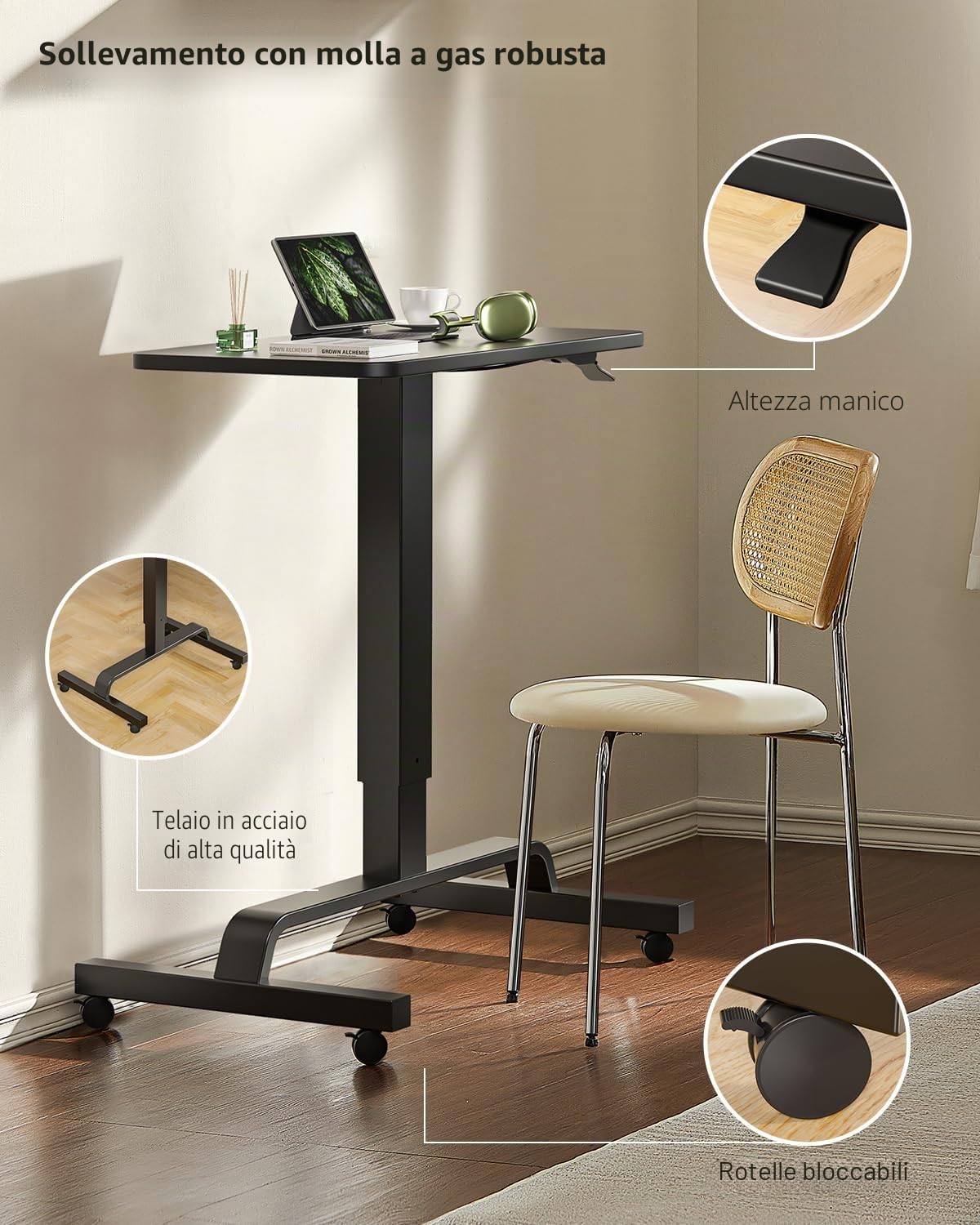 WALKINGDESK Tavolino regolabile in altezza con 4 ruote, Scrivania mobile 60 x 40 cm, Pneumatica tavolo da Letto per computer, divano, letto, Nero