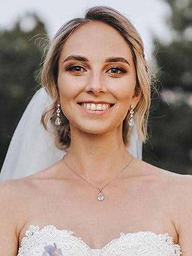 Miniatura 2 de SWEETV Juego de joyas de boda de lágrima para mujeres, novias, damas de honor, collar de novia de cristal, aretes de gota, disfraz de graduación