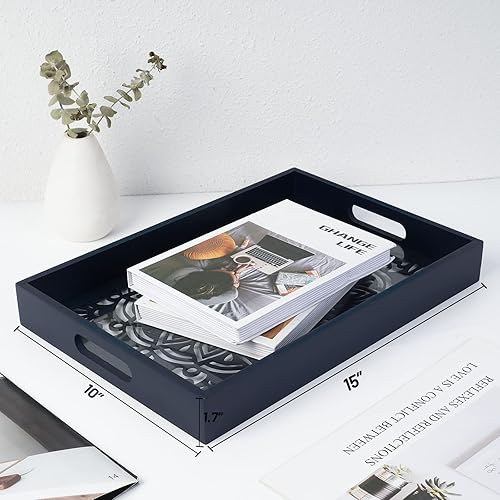 Miniatura 6 de LINKOVE Bandeja de madera para servir con asas, bandeja otomana de madera de 15 x 10 pulgadas para sala de estar, bandeja decorativa para mesa de