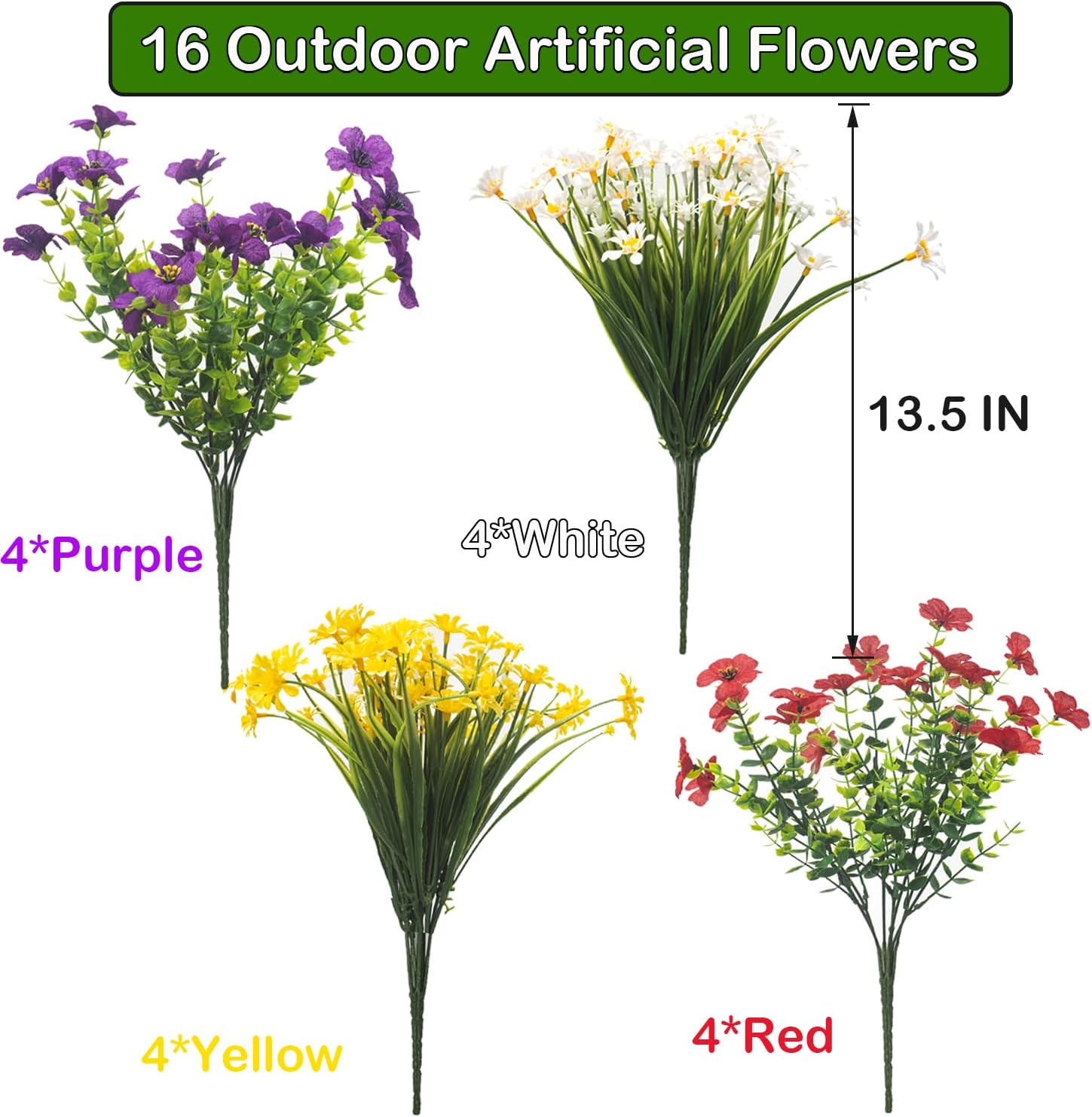 AITISOR Outdoor Artificial Flowers, 16 Bundles UV Resistant Realistic Faux Plastic Plants with Colorful Daisies for Porch, Patio, Yard, Garden, Spring Home Decor (Window Box & Planters)
