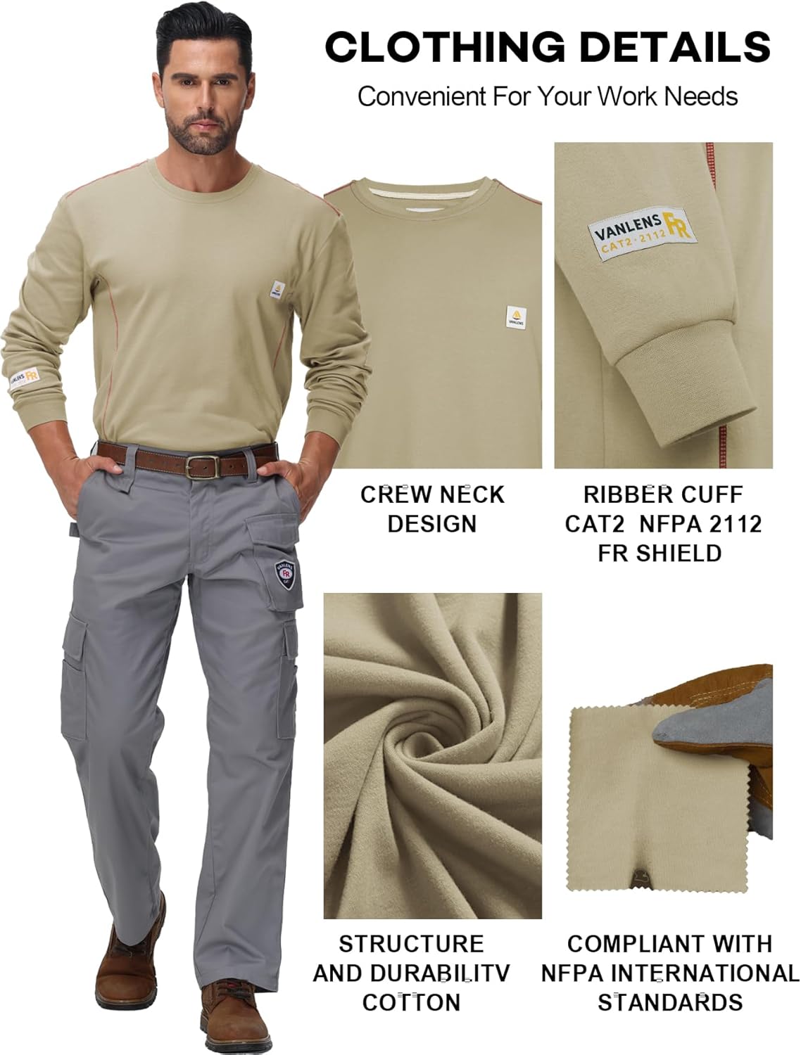 FR Shirts for Men CAT2/HRC2 6.5oz Lightweight Fire Resistant Shirts for Men Long Sleeve Crewneck T-Shirt - Image 4