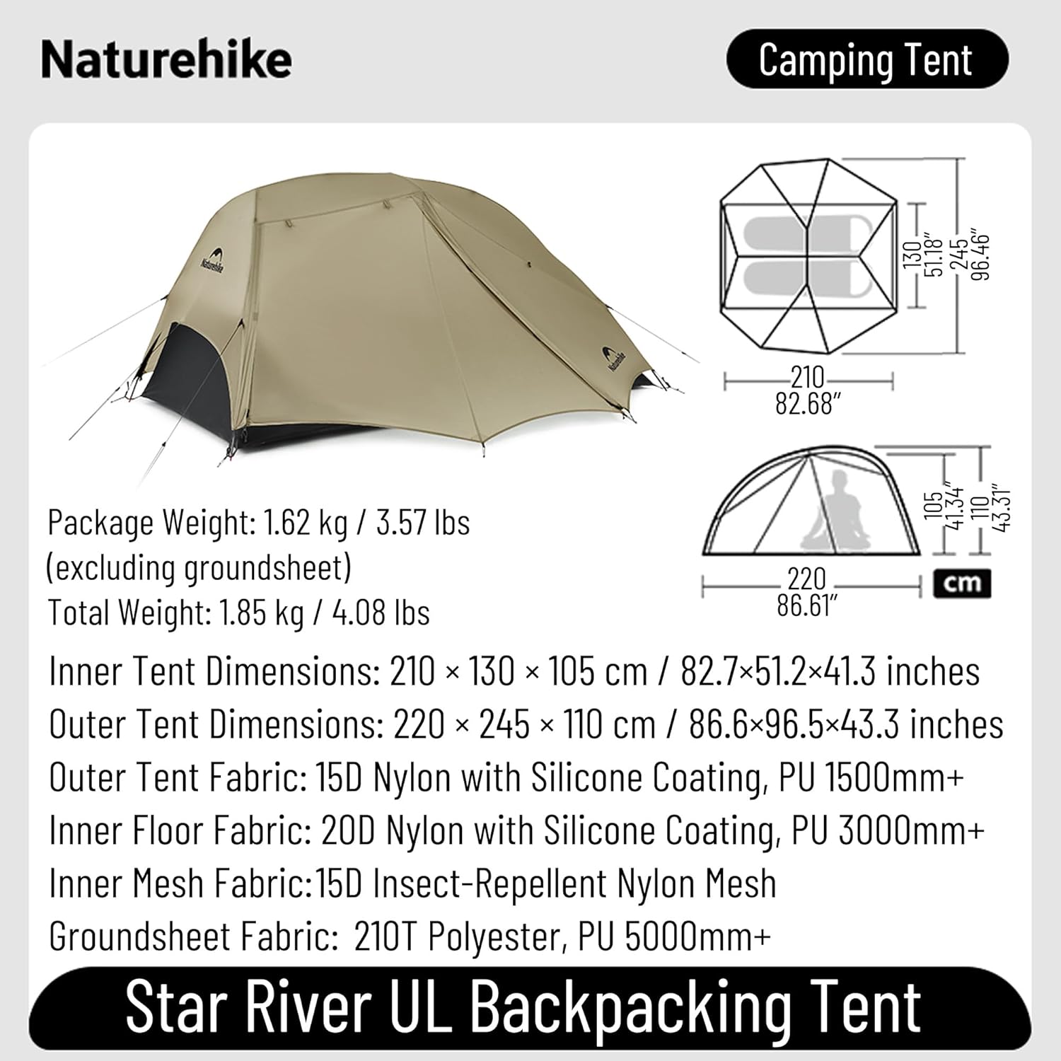 Naturehike Star River UL Backpacking Tent - 1/2 Person Lightweight Camping Tent, Divided Packing Design, Double Layer Waterproof Free Standing Tent for One Man, Hiking, Travel, Cycling