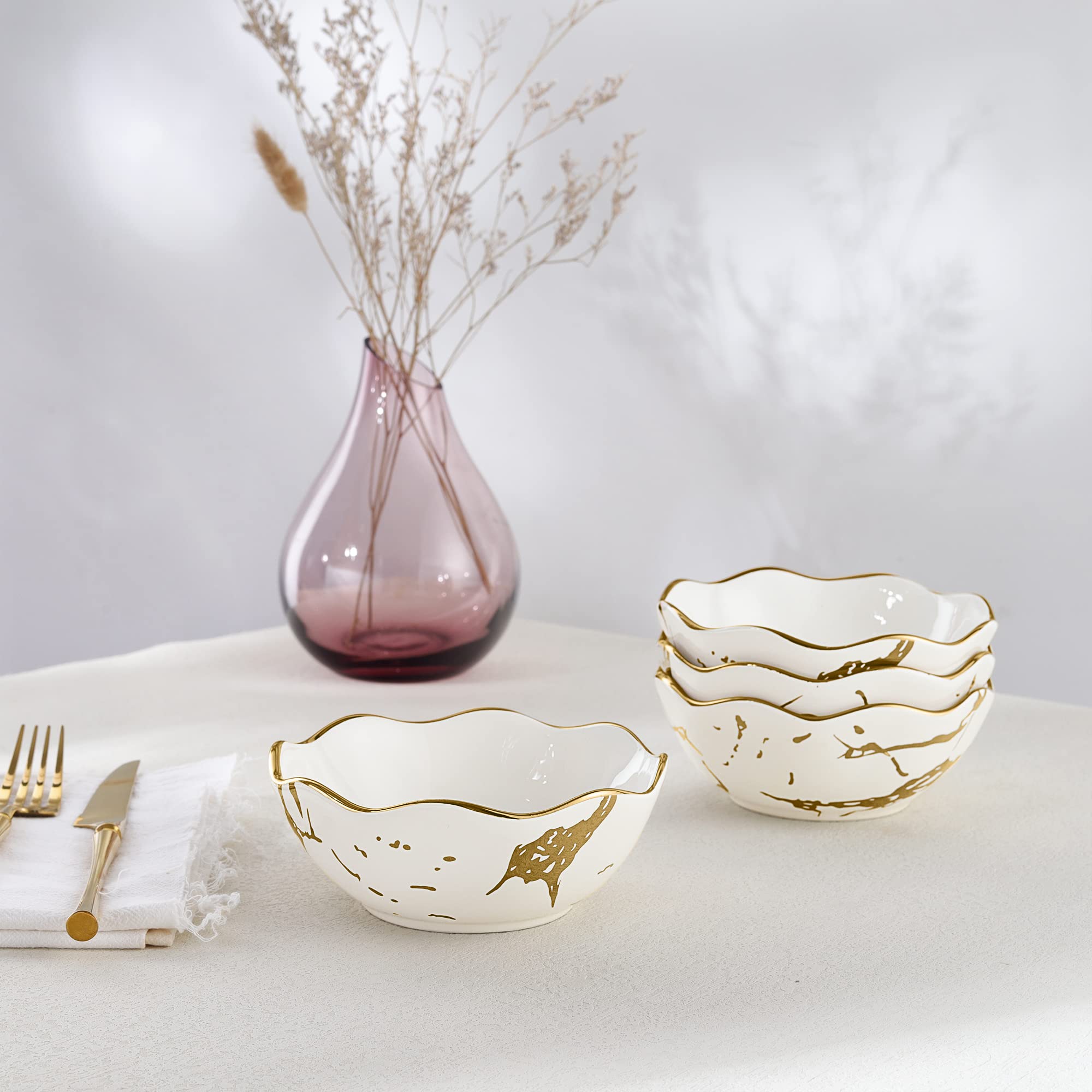 fanquare 4 Stück Weiße Gold Marmor Müslischalen Set, Japanische Ramen Schüssel Set, Klein Dessertschalen Keramik für Suppe, Salat, Pasta, Reis