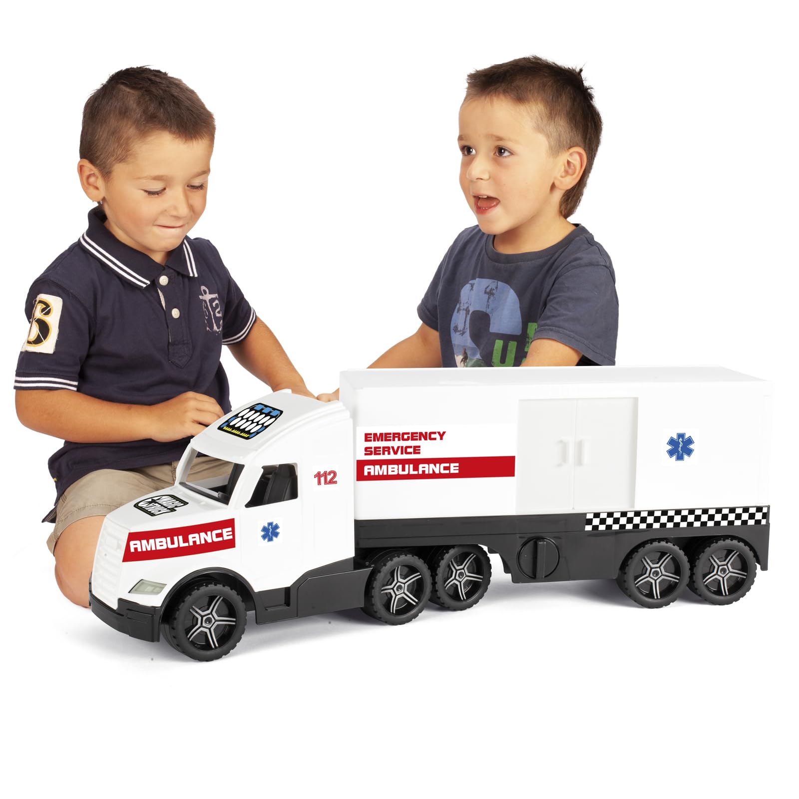 Wader 36211 - Magic Truck Ambulanza, Veicolo di Emergenza con Porta Laterale, Dimensioni Circa 79 cm, per Bambini dai 3 Anni in su, Adatto Come Regalo per Il Gioco Creativo