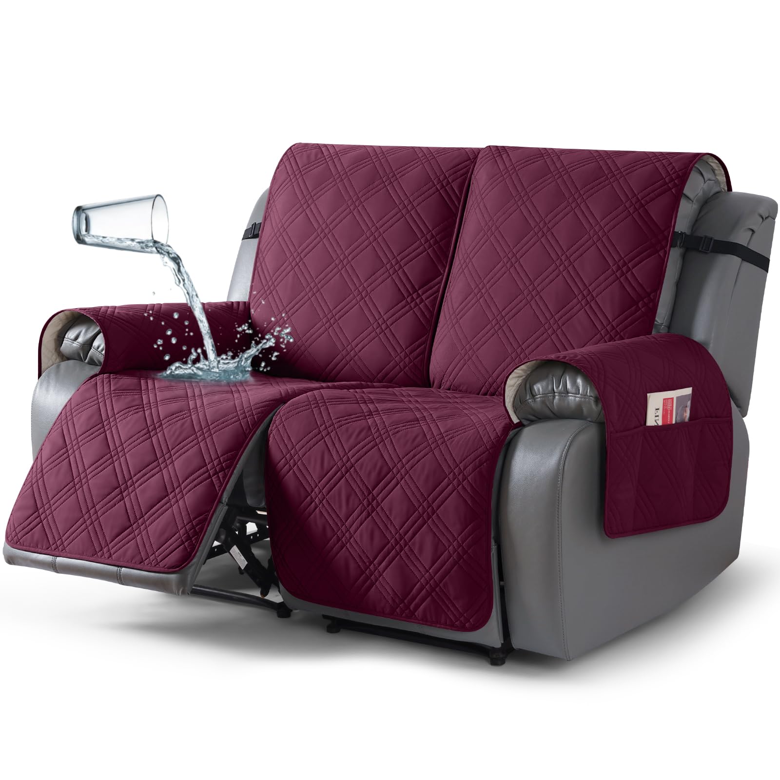 TAOCOCO 100% Waterproof Recliner Loveseat Cover Non Slip Couch Cover for 2 Seat Reclining Sofa, Split Reclining Loveseat Covers 2-Piece with Straps for Kids Pets(2 Seater, Wine)