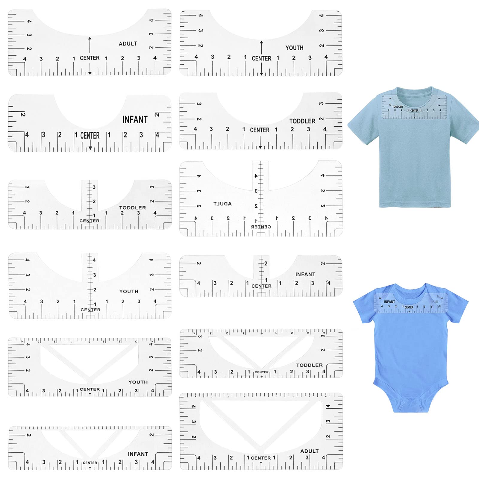 T-Shirt Ausrichtungslineal, 12pcs Ausrichtungslineal Werkzeug Für T-Shirt, T-Shirt Lineal Guide Tool Set für V-Ausschnitt/T-Bogen-Kragen