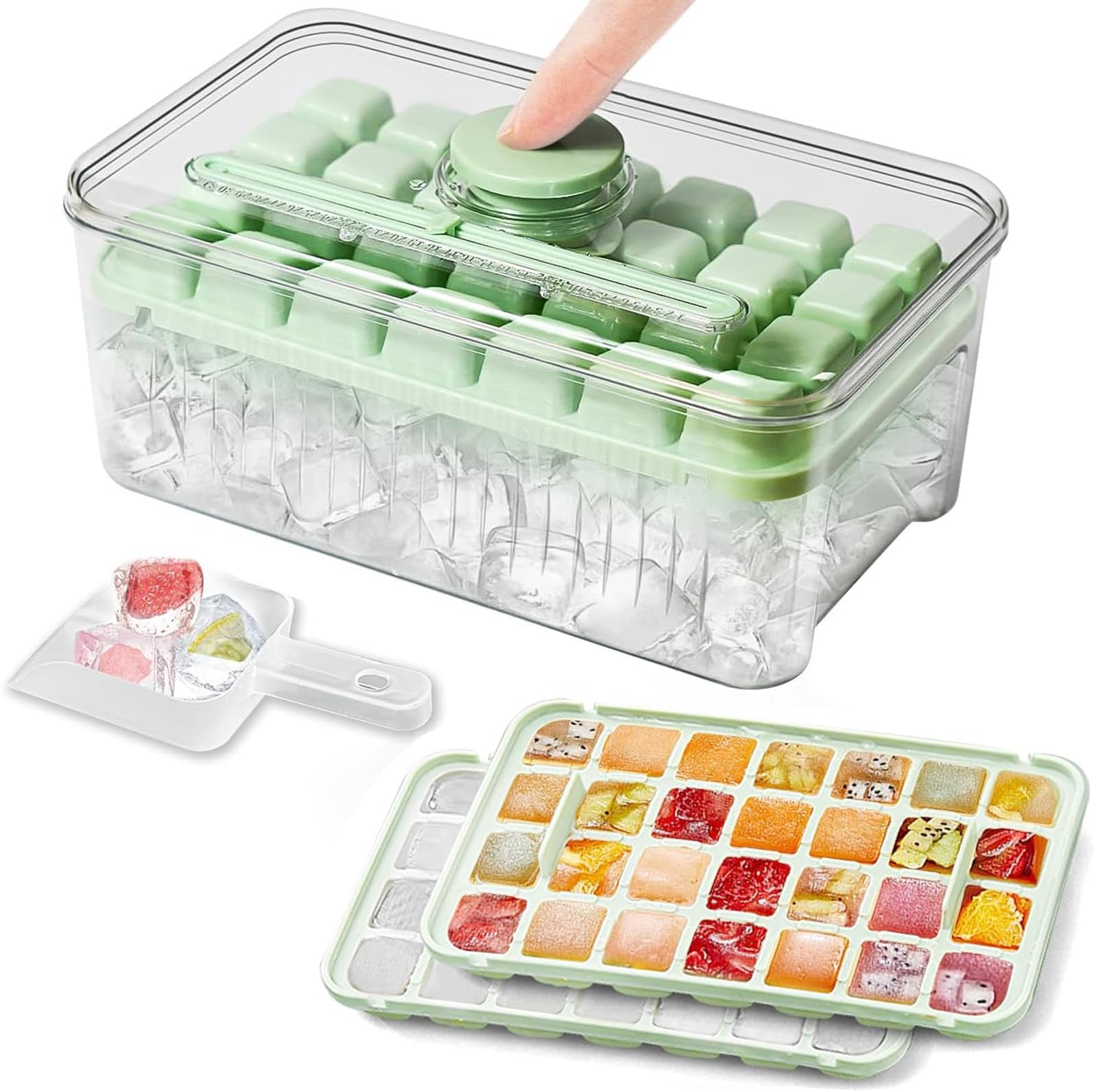 Press-and-Release Ice Cube Mold with Storage Box,Ice Cube Tray with Lid and Bin,2 Pack Ice Cube Trays for Freezer, 56 Pcs Ice Cube Mold, and Ice Scoop Included (Green)