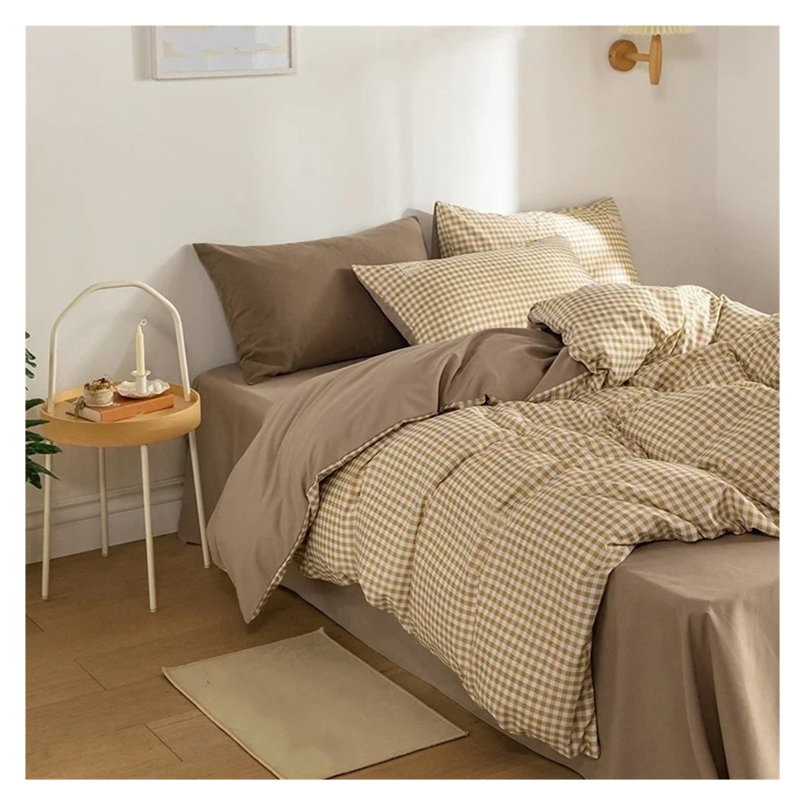 Parure de lit à carreaux king size avec draps complets pour lit double et simple
