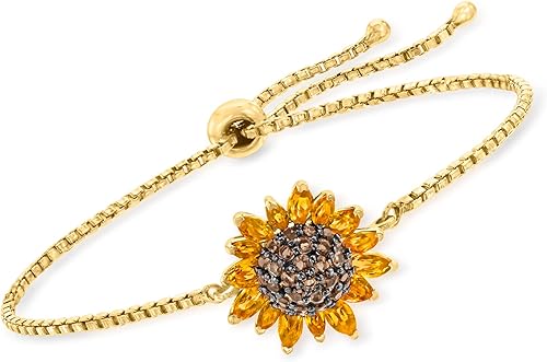 Ross-Simons Pulsera Bolo de girasol de cuarzo ahumado de 1,90 qt. t. t. w y citrino en oro de 18 quilates sobre plata esterlina
