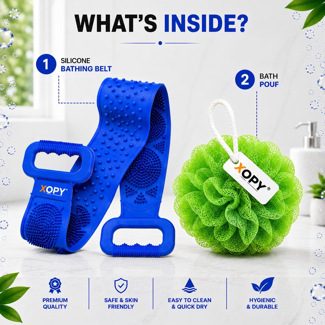 XOPY Silicone Back Scrubber Belt and Mesh Bath Loofah Pouf Combo, Double-Sided Exfoliating, Long Handle, 2 Count 1