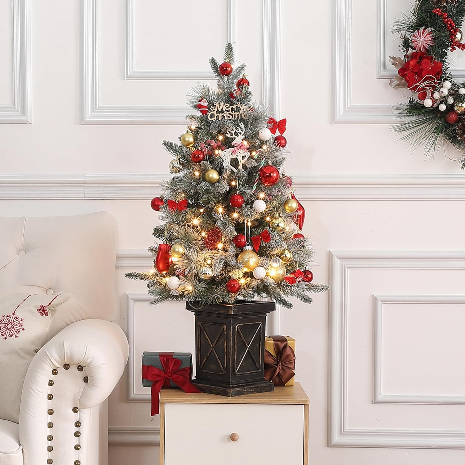 Weihnachtsbaum Künstlich 90 cm Mit 78 Beleuchtung, Snow Flocked Künstlicher Weihnachtsbaum Batteriebetrieben Pre-Lit Weihnachten Deko Für Zuhause, Büro, Vintage Topfbasis