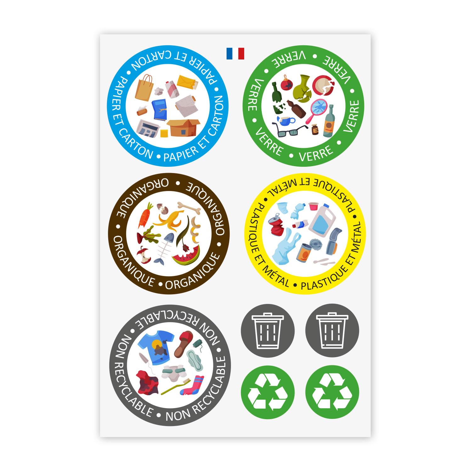 Autocollants Tri Sélectif - 4 Étiquettes Vinyle Imperméables - Pour Poubelles Recyclage