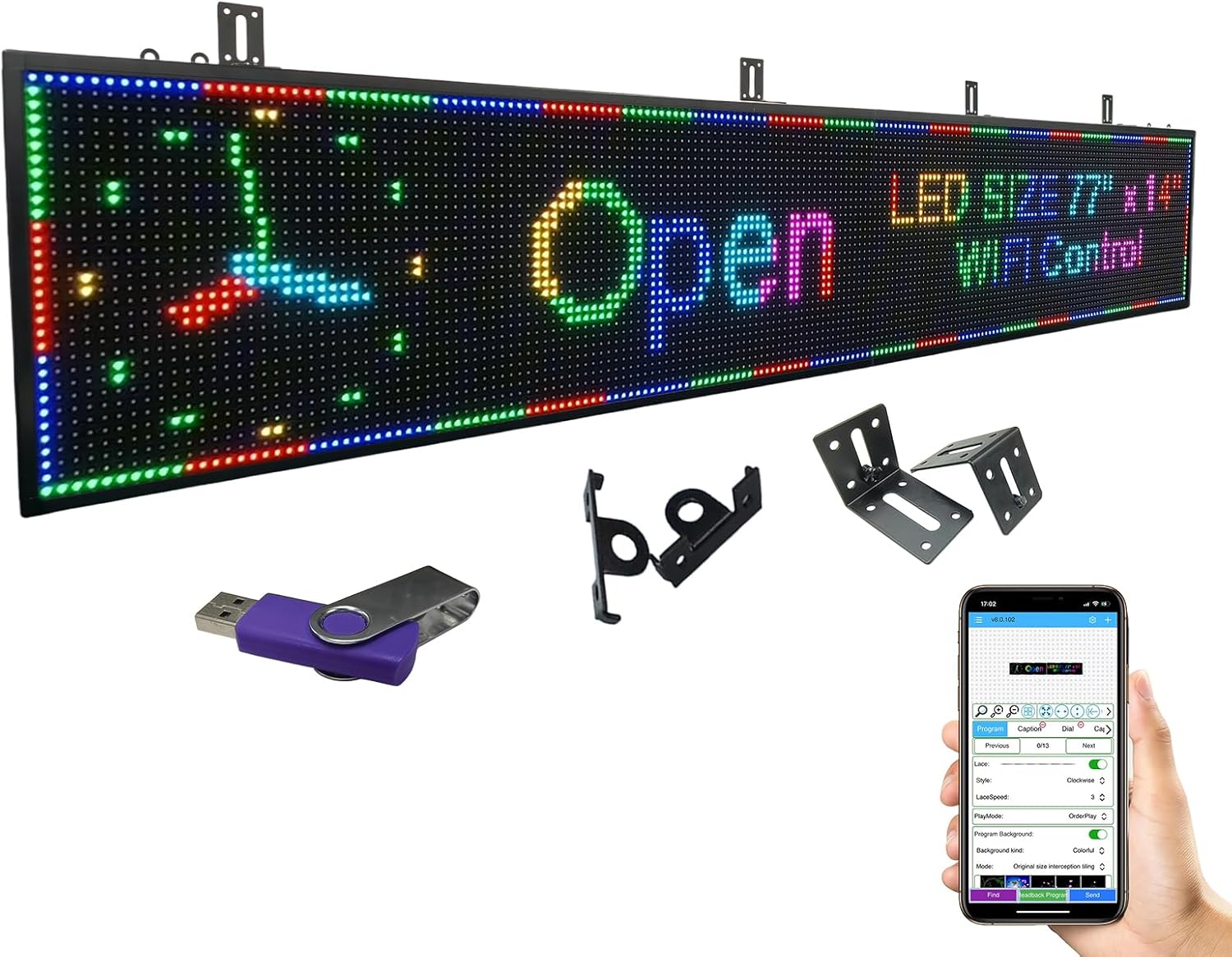 P10 Outdoor Programmable LED Sign 115"x14", WiFi+USB Control Scrolling LED Open Sign,High Brightness Waterproof Electronic Custom Text Message Board for Business Advertising Store Restaurants